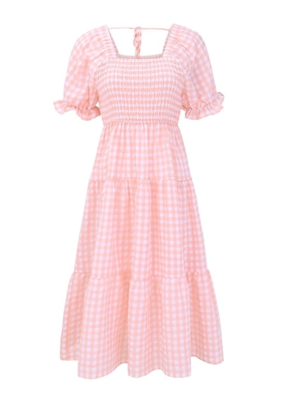 Pink Gingham Smocked Midi Dress with Puff Sleeves